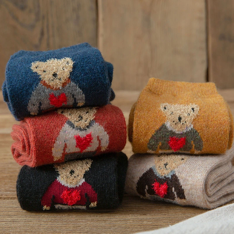 Cartoon Bear Socks Women Autumn Winter Thick Warm Wool Socks Korean Cute Kawaii  Harajuku Designer Fashion Socks Women