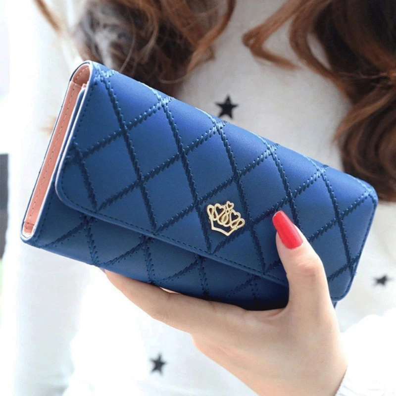 Women Lady Clutch Leather Plaid Hasp Wallet Long Length Card Holder Phone Bag Case Purse