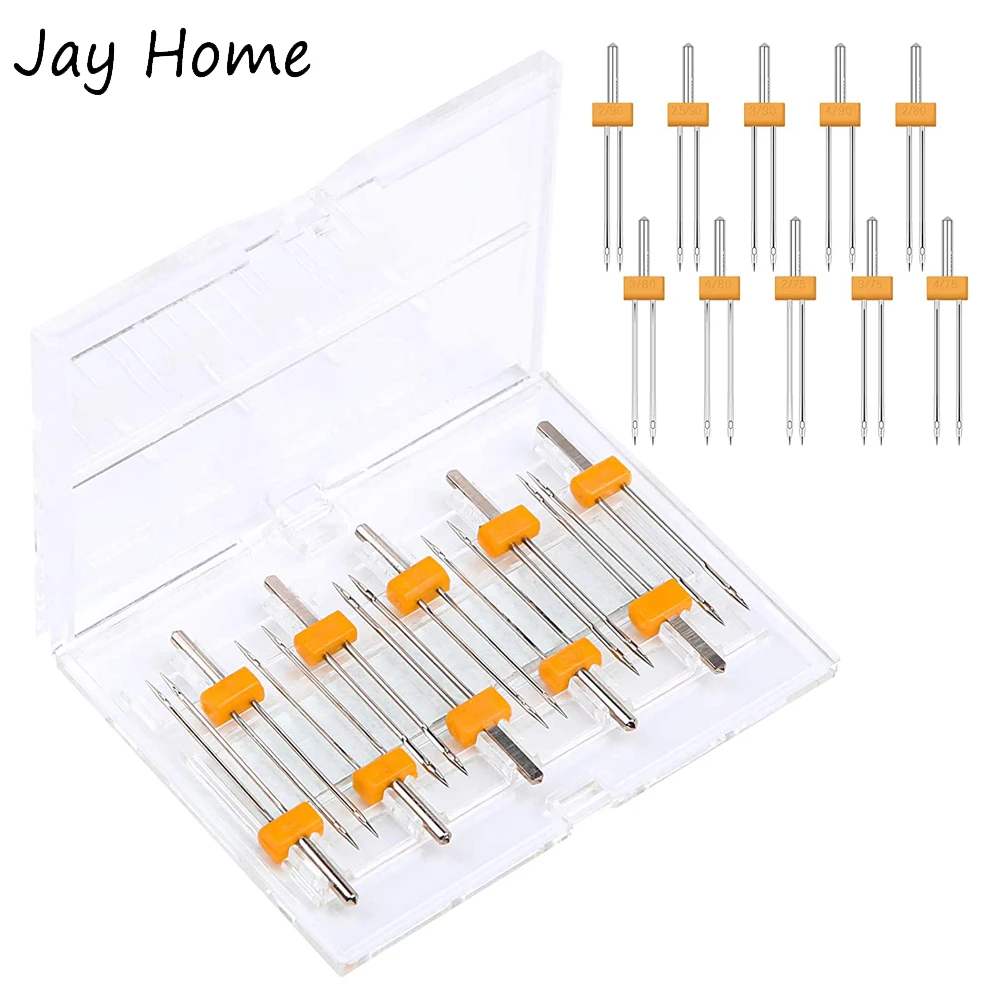 10 Sizes Mixed Sewing Machine Needles Double Twin Needles with Plastic Box for DIY Household Multifunctional Sewing Machine