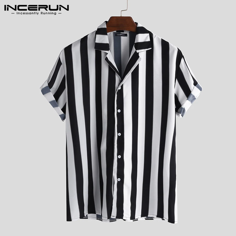 INCERUN Men Striped Shirt Casual Lapel Neck Short Sleeve Button Brand Shirt Chic Loose Streetwear Vacation Blouse Chemise 2021