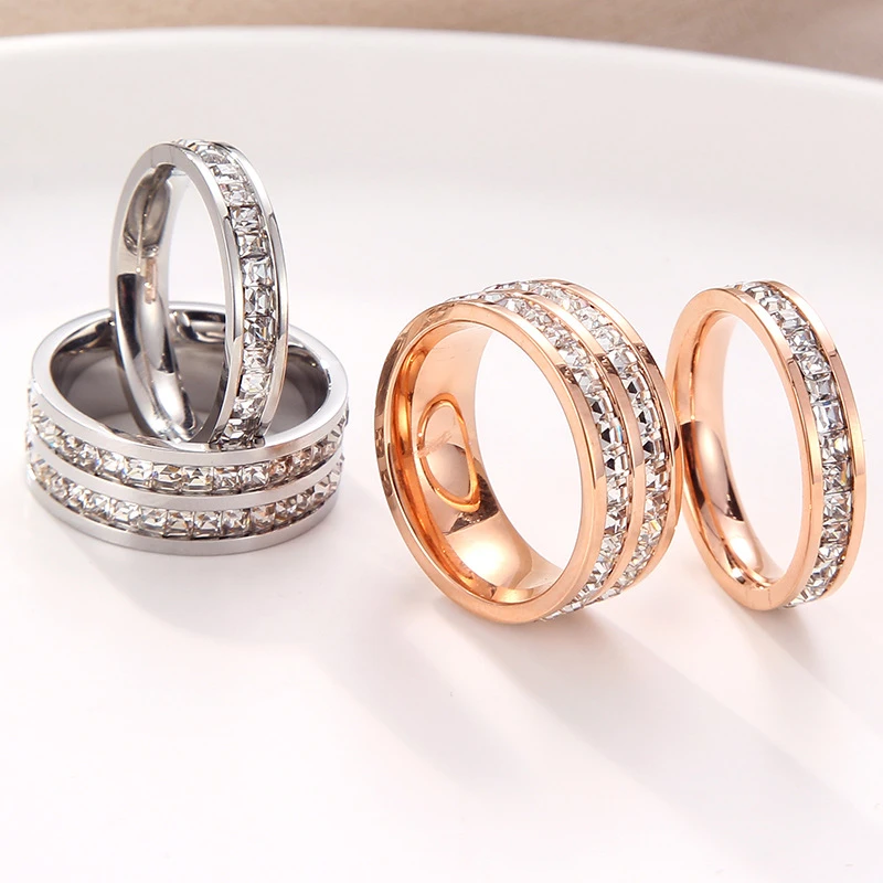 KNOCK Hot sale Double crystal Woman Fashion Ring Rose Gold color Filled Titanium Steel Rings For Women Female Fine Jewelry