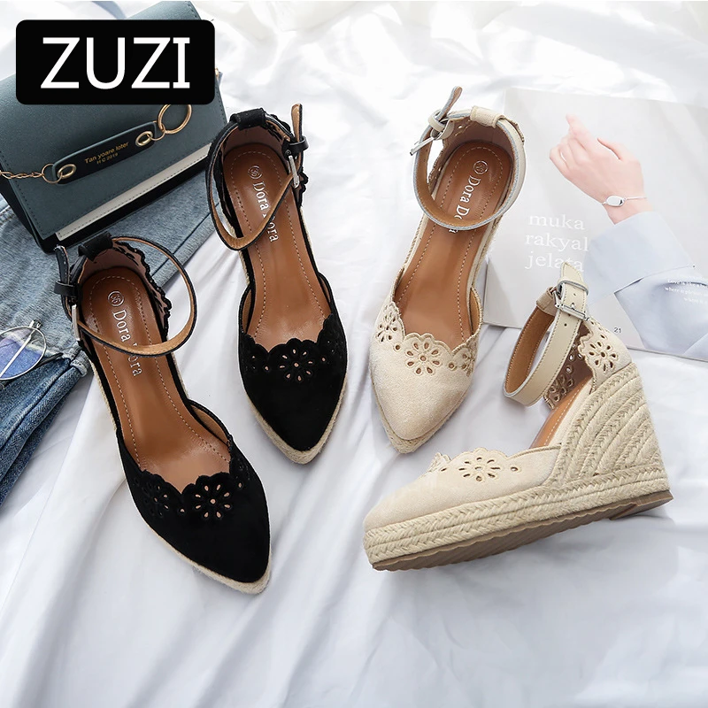 ZUZI Women's Espadrilles Wedge 2021 New Sandals Skirt Hollow Single Shoes Women's Fashion Pointed High Heels Thick Bottom Straw