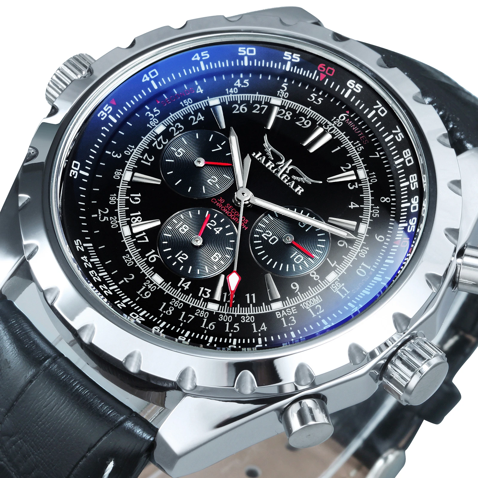Jaragar Men Automatic Mechanical Wristwatches Military Pilot Watch Leather Strap Sport Watch 3 Sub-dial Top Brand Luxury Relogio