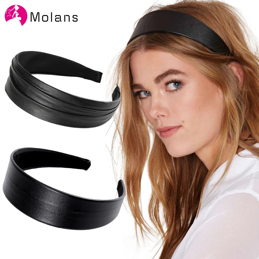 Molans New Wrinkled Faux Leather Hairbands Solid Simple PU Leathers Women Headbands Fashion Navy Black Wide Hair Hoops Headwear