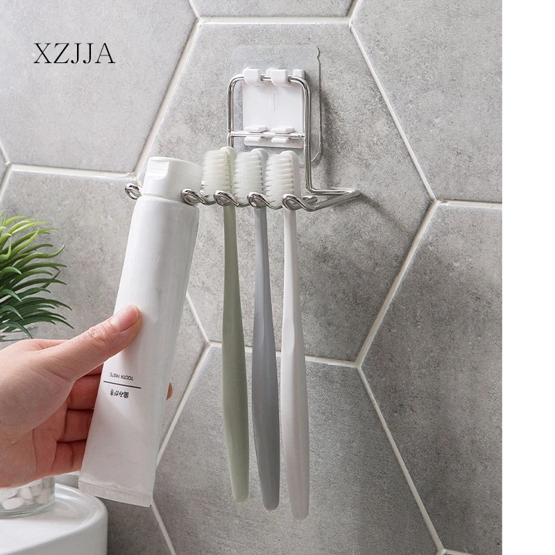 XZJJA Wall Mounted Stainless Steel Toothbrush Holder Bathroom Tooth Brush Toothpaste Razor Organizers Stand Bathroom Accessories