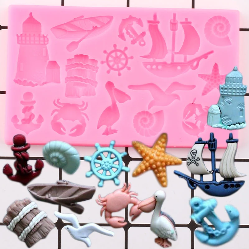 Ocean Series Anchor Silicone Molds Sailboat Sea Animals Cupcake Topper Fondant Cake Decorating Tools Candy Clay Chocolate Moulds