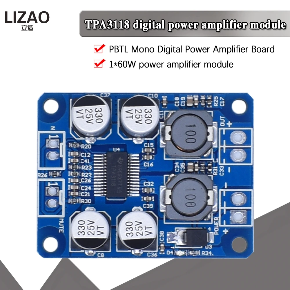 WAVGAT TPA3118 PBTL mono digital amplifier board 1X60W DC 12V-24V POWER AMP