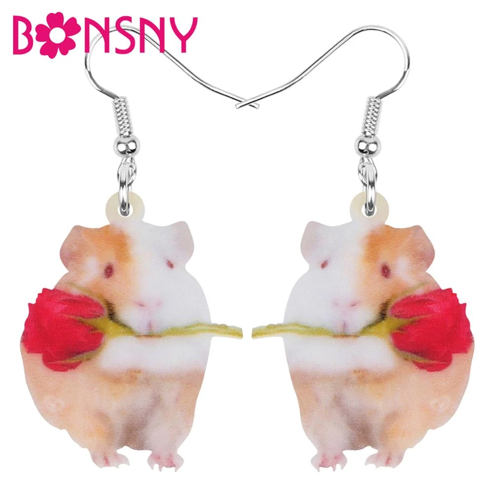 Bonsny Acrylic Valentine's Day Guinea Pig Rat Rose Earrings Animal Drop Dangle Jewelry Accessory For Women Girls Teen Charm Gift