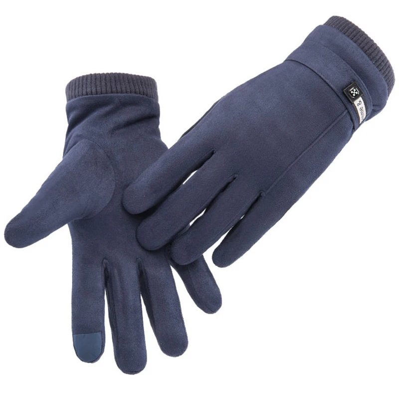 New Winter Men Sports Plus Plush Thick Warm Cashmere Cycling Riding Mittens Elastic Suede Leather Touch Screen Driving Glove C62