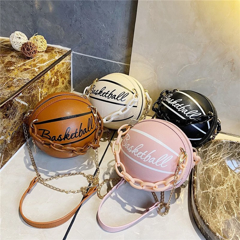 Fashion Basketball Round Shaped Shoulder Bags for Women Acrylic Chain Casual Small Totes PU Leather Messenger Crossbody Handbags