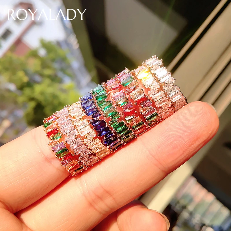 Luxury Charm Baguette Rainbow CZ Gold Rings Fashion AAA Cubic Zirconia Crystal Band Engagement Wedding Party Rings Female Gifts
