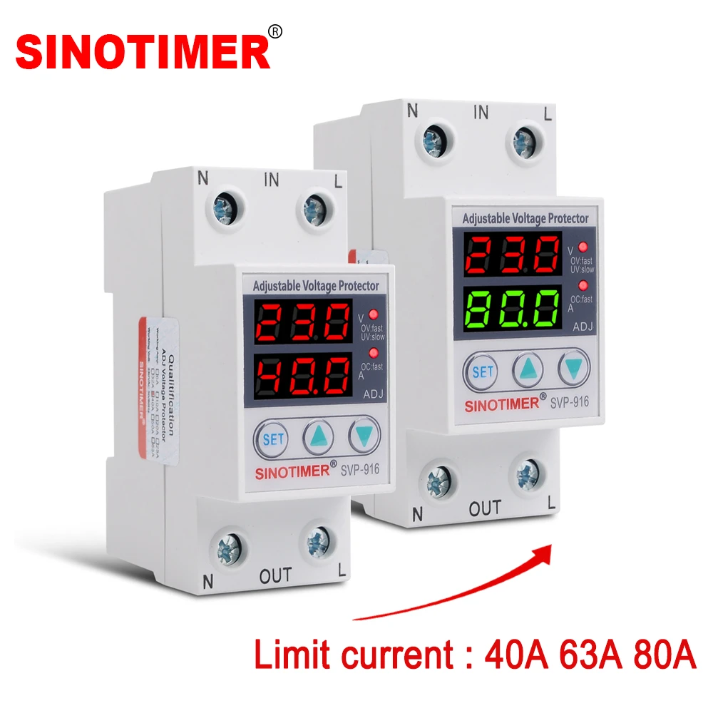 Multiple Current 40A 63A 80A 230V AC Adjustable Voltage Protector Auto Recover Over Under Voltage Limit Current Protection Relay