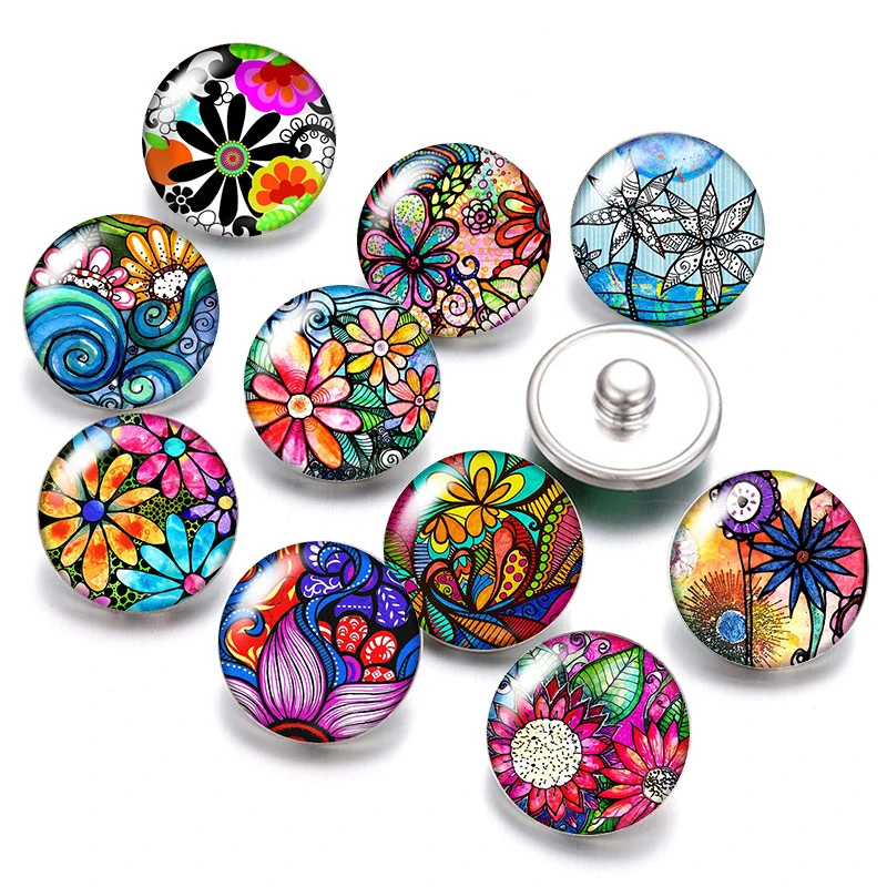 Beuaty painting Flowers 18mm snap buttons 10pcs mixed round photo glass cabochon style for snap button jewelry