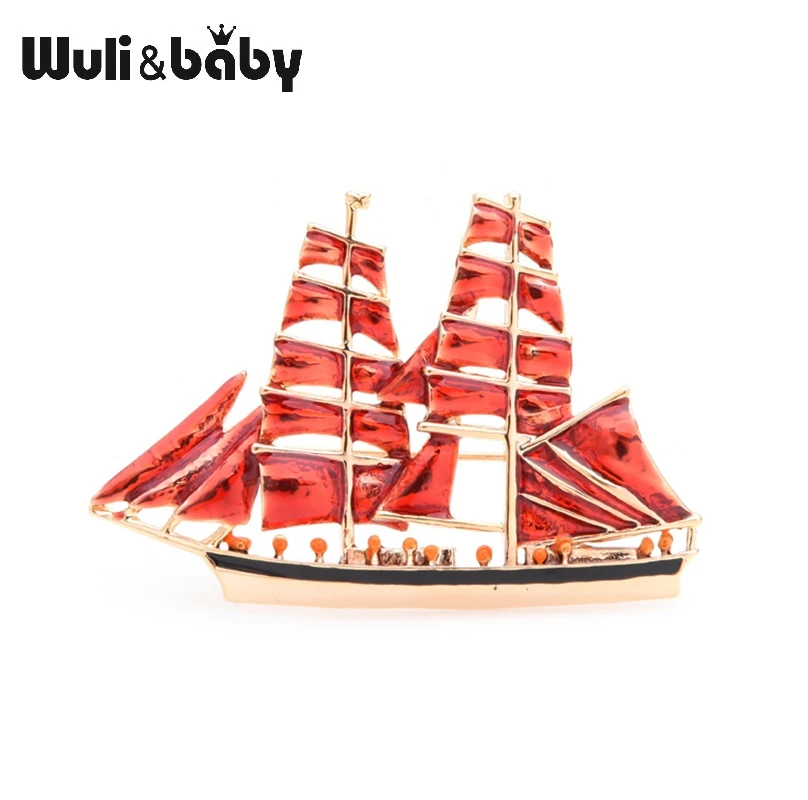 Wuli&baby Алые Паруса Big Red Sailboat Brooches Women Alloy Enamel Boat Brooch Pins Gifts