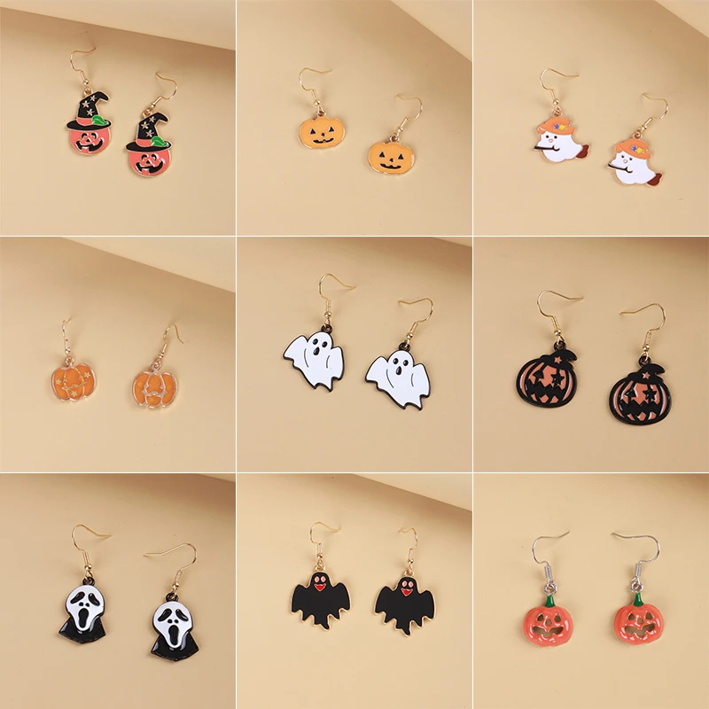 New Halloween Pumpkin Ghost Metal Drop Earrings Cute Magic Hat Puffer Earrings Female Trendy Fun Jewelry Accessories Gifts