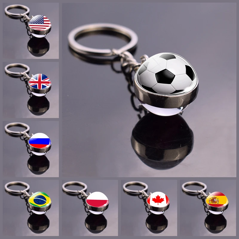 Soccer Keychain Glass Ball Pendant Top World Countries Flag Keyrings Double Side Glass Ball Jewelry National Football Lover Gift
