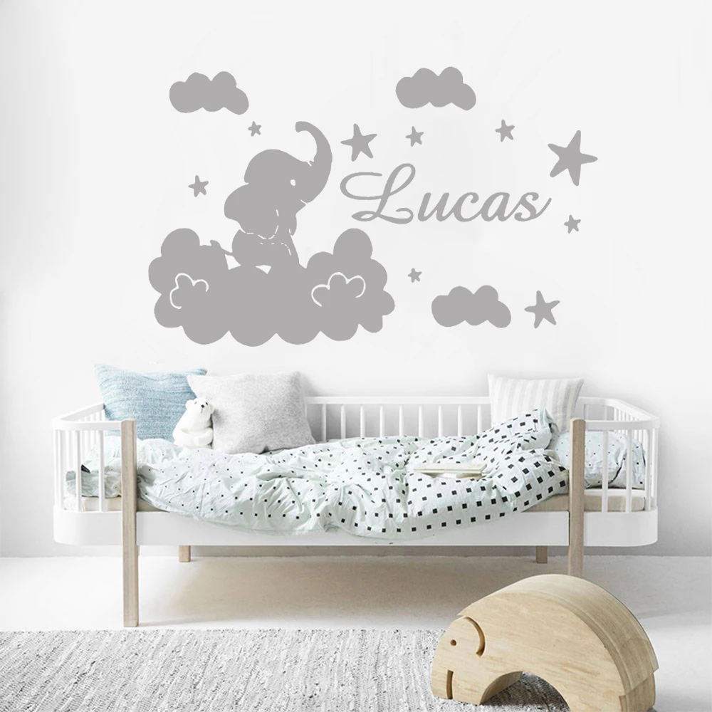 Elephant Moon Stars Custom Name Wall Sticker Personalized Boys Girls Vinyl Decal Baby Bedroom Nursery Decor Wall Art Mural B519