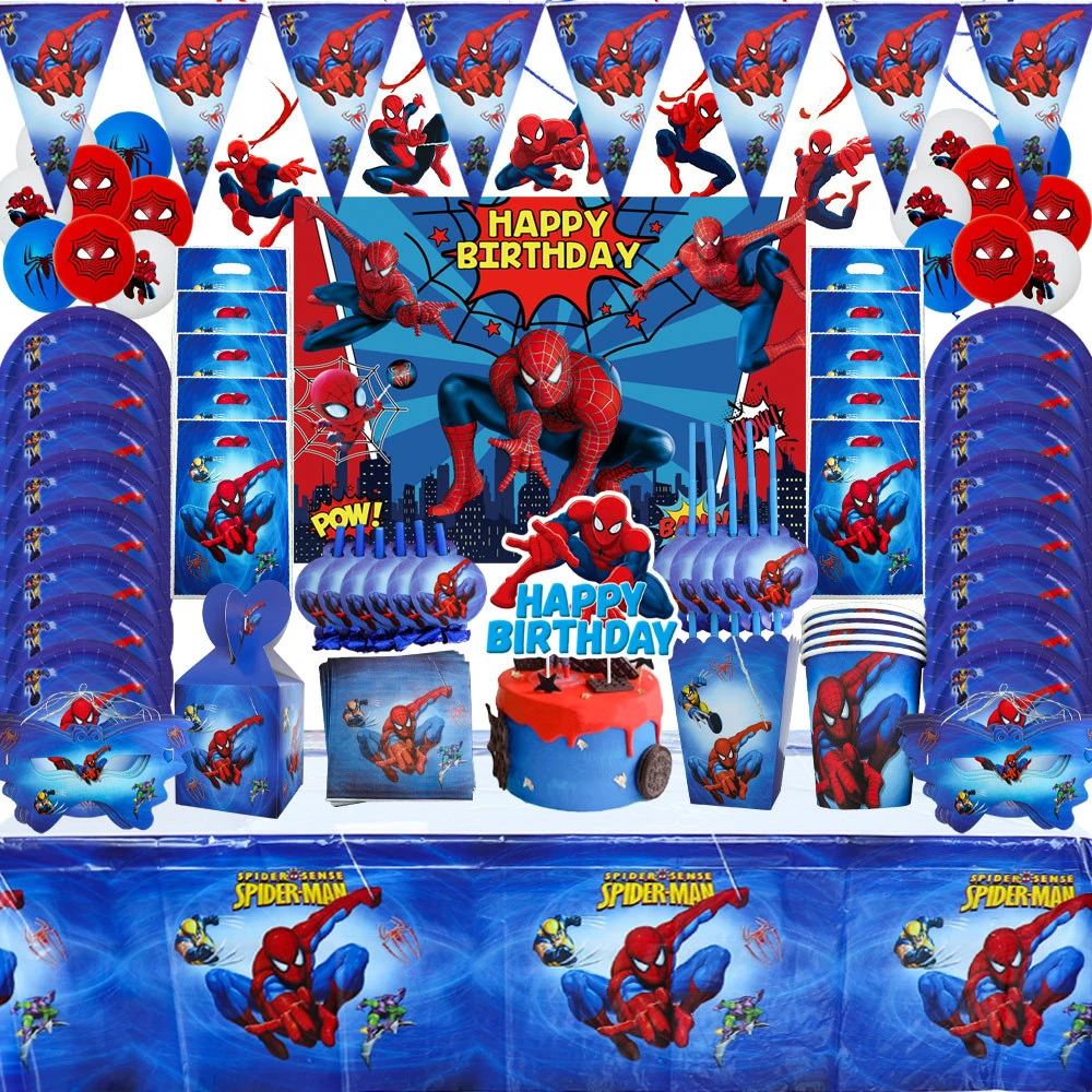Cartoon Super Hero Spiderman Tablecloth Kid Favor Birthday Pack Event Party Cups Plates Baby Shower Disposable Tableware Sets