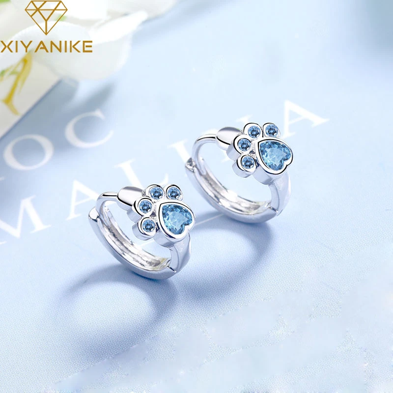 XIYANIKE 925 Sterling Silver New Fashion Cute Cat Paw Stud Earrings for Women Creative Blue Zircon Party Jewelry Prevent Allergy