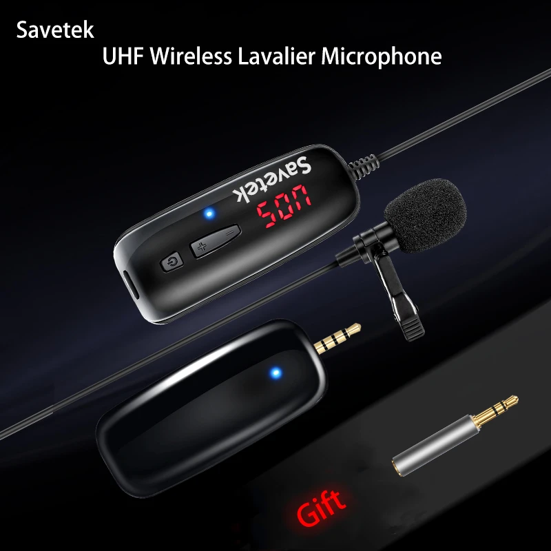 Savetek UHF Lavalier Lapel Wireless Microphone Voice Recorder Microphone Recording Vlog for Tiktok Youtuber Live Phone Pad PC