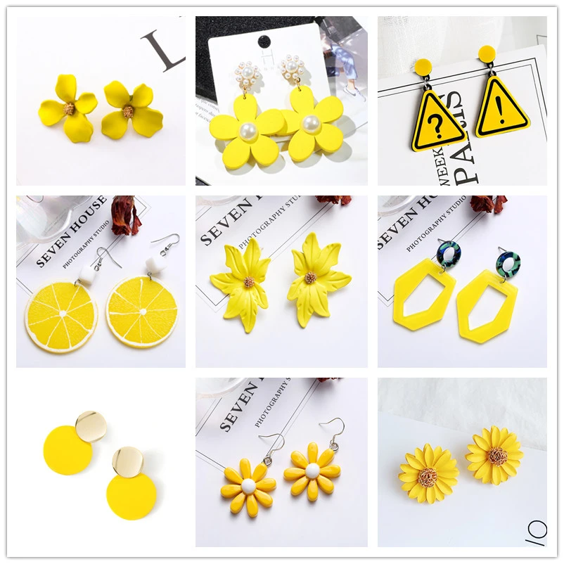 Yellow Color Drop Earrings for Women 2020 Summer Korean Design Geometric Flower Heart Earrings Creative Sweet Wedding Jewelry