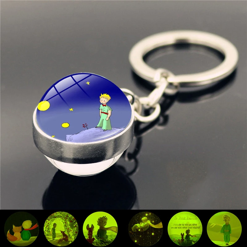 1pc 12 style Luminous The Little Prince Metal Keychain Time Jewel Cabochon Glass Pendant Glow In The Dark Key Chain Holder