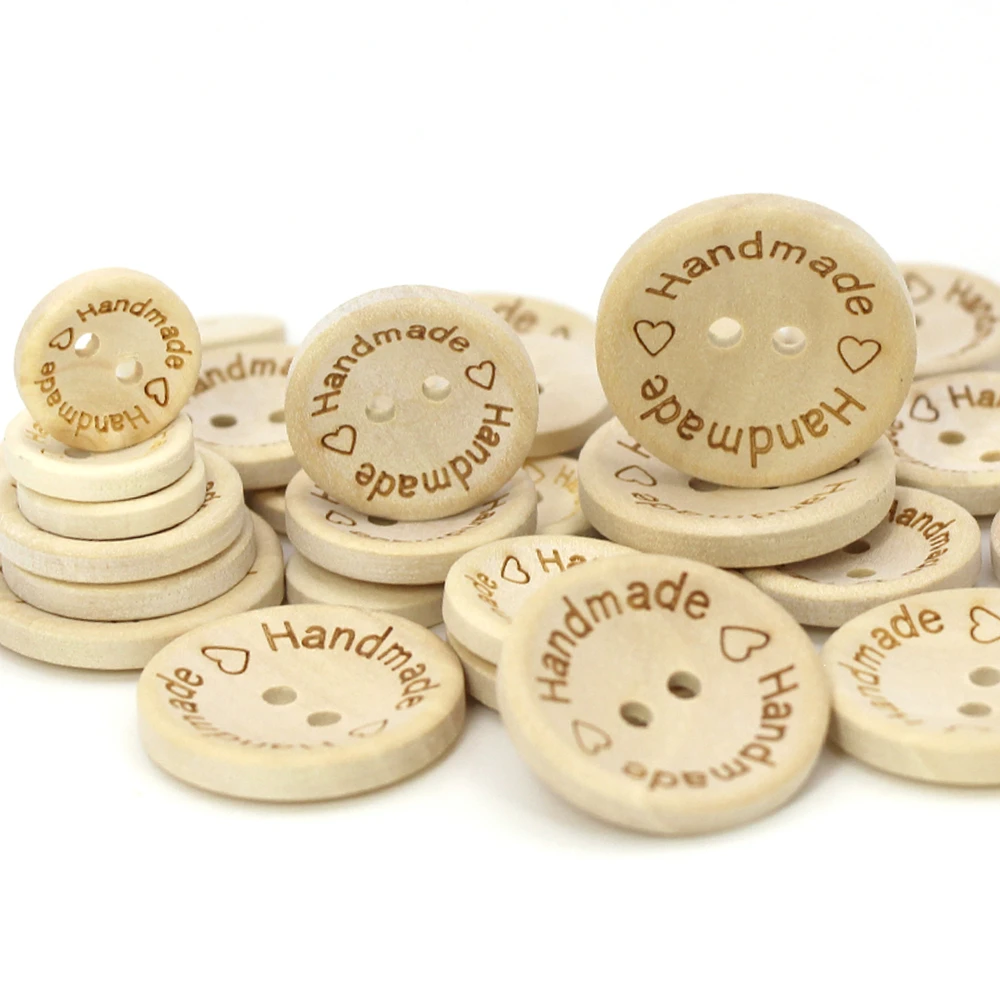 50Pcs Round Button Handmade Wooden Buttons For Crafts Natural Color Sewing Hand Made Tags 2-Holes Decorative Button For Clothes