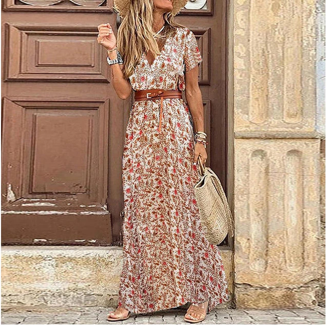 Womens Floral Vintage Boho Long Dress Print V-Neck Short Sleeve Elegant Dress Bohemian Vestidos Plus Size Dresses 2020 New