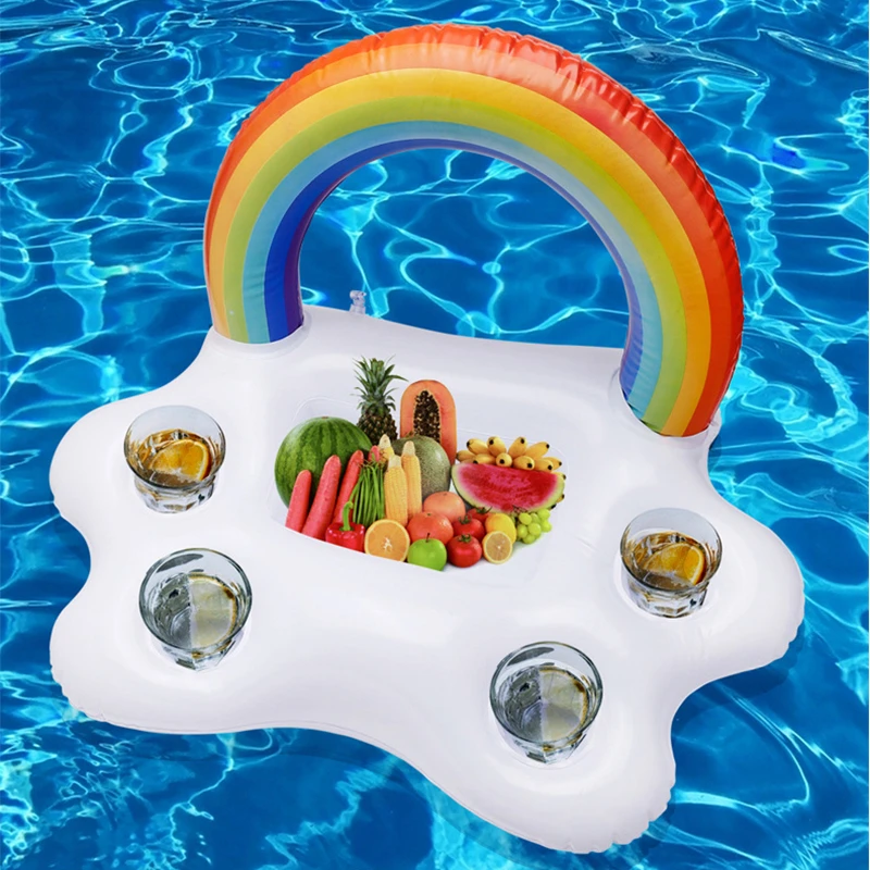 Inflatable Pool Float Beer Drinking Cooler Table Bar Tray Beach Swimming Ring Summer Pool Party Bucket Rainbow Cloud Cup Holder