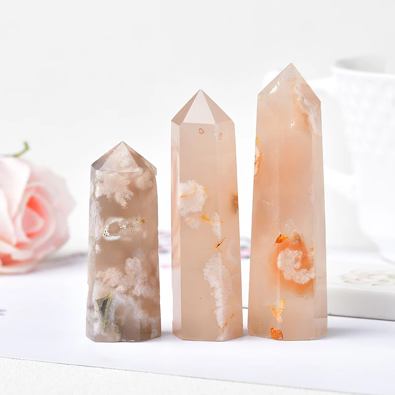 Natural Crystal Quartz Point Healing Stone Cherry Blossom Agate Hexagonal Prisms 50-80mm Obelisk Wand Stone Tower Home Decor