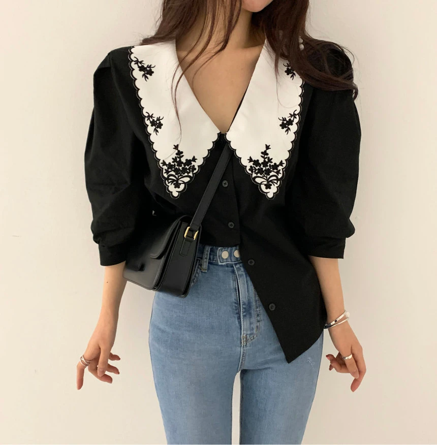 Korean Chic Retro Design Lapel Plus Size Blusas Women Casual  Heavy Embroidery Hit Color Single-breasted Loose Puff Sleeve Shirt