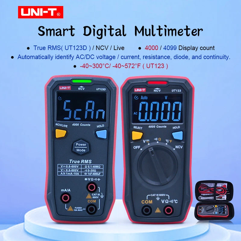 UNI-T Mini Digital Multimeter auto range UT123/123D EBTN Color Screen AC/DC Voltage current Temperature NCV Tester