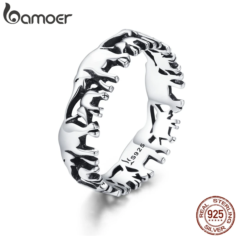 BAMOER Trendy 100% 925 Sterling Silver Stackable Animal Collection Elephant Family Finger Rings for Women Silver Jewelry SCR344