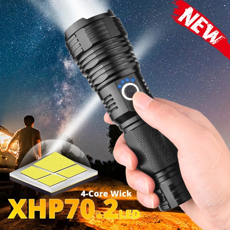 Portable XHP70.2 LED Flashlight Tactical Waterproof Torch 5 Lighting modes Zoom built-in lamp use 26650 battery USB Rechargeable