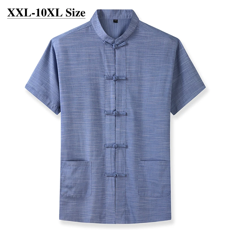 Plus Size 7XL 8XL 9XL 10XL Men's Short Sleeve Shirt Chinese Style Tang Suit Loose Casual Traditional Kung Fu Uniform Male