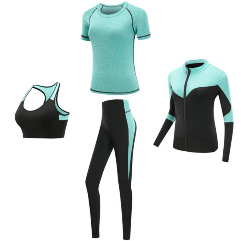 Quick dry women sportswear 4PCS set fitness gym yoga clothing suit sets coat+bra+t shirt+leggings 2019 workout running training