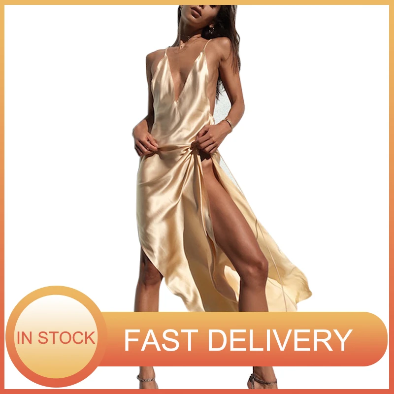 Summer Stain Sexy Dress 2021 Ladies Slip Deep V-Neck Backless Long Beach Dress For Women Spaghetti Strap Evening Party Dresses