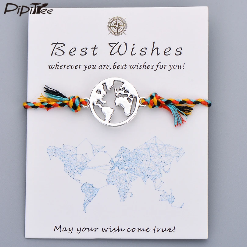 Pipitree Colorful Braided Rope Charm Bracelet Best Wishes World Map Wish Bracelets for Women Men Kids Bohemian Boho Jewelry Gift