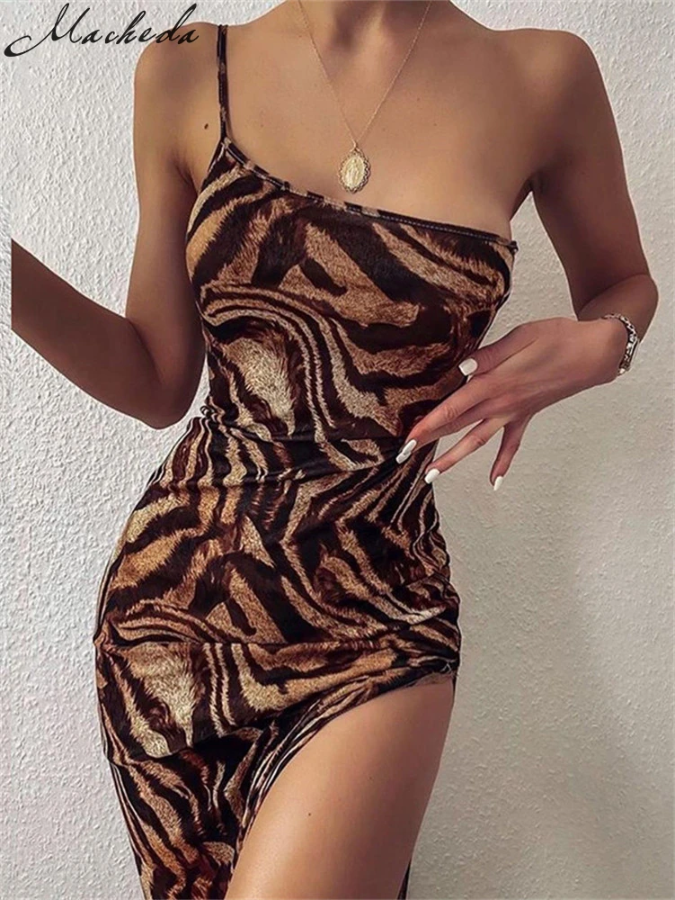 Macheda Women Fashion One-Shoulder Sling Bodycon Dress Summer Sleeveless Print Street Casual Long Dress For Party Club New