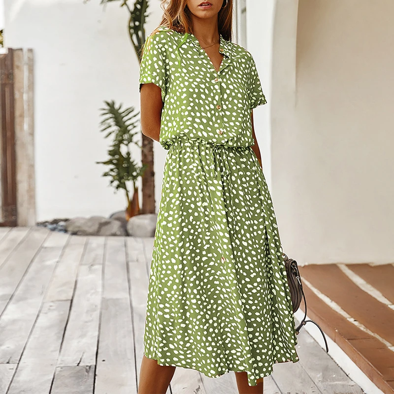 Fashion Women Dresses Summer Boho Dot Print High Waist Shirt Dress Casual Holiday Beach Short Sleeved Female Midi Dress