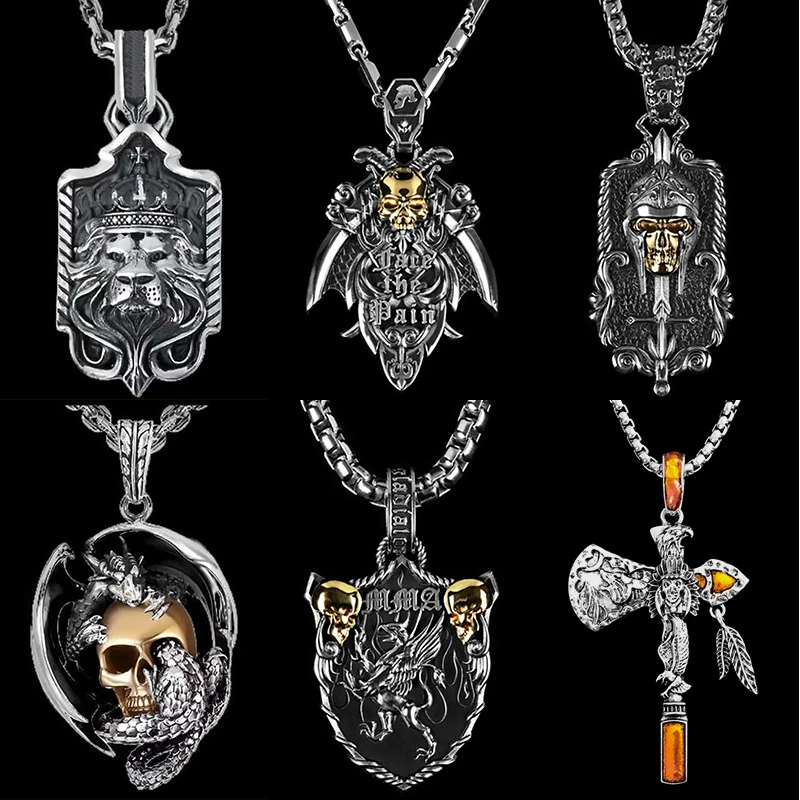 Vintage Silver Color Lion Dragon Axe Pendant Necklace Punk Domineering 3D Skull Statement Necklaces for Women Men Viking Jewelry