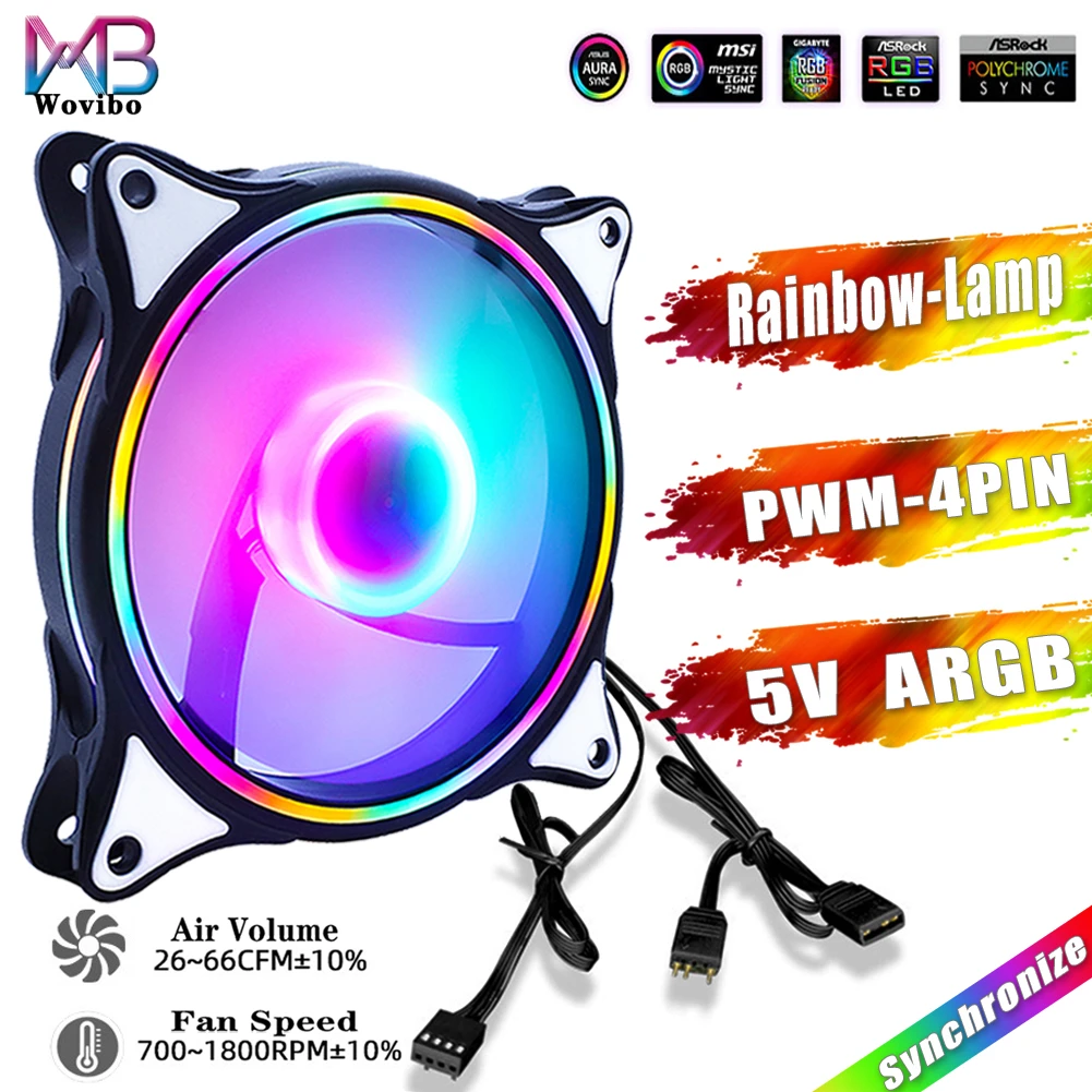 Wovibo 120mm ARGB Fan 5V 3PIN Pwm 4PIN 12V DC Rainbow RGB Mute Silent Computer Case Cooling Fans Cooler Ventilador Aura Sync