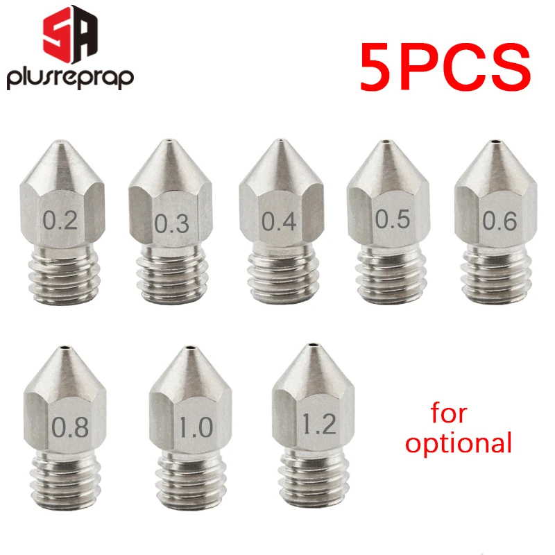 5PCS MK8 Nozzle 0.2mm 0.3mm 0.4mm 0.5mm 0.6mm M6 Threaded Stainless Steel for 1.75mm Filament 3D Printer Extruder Print Head