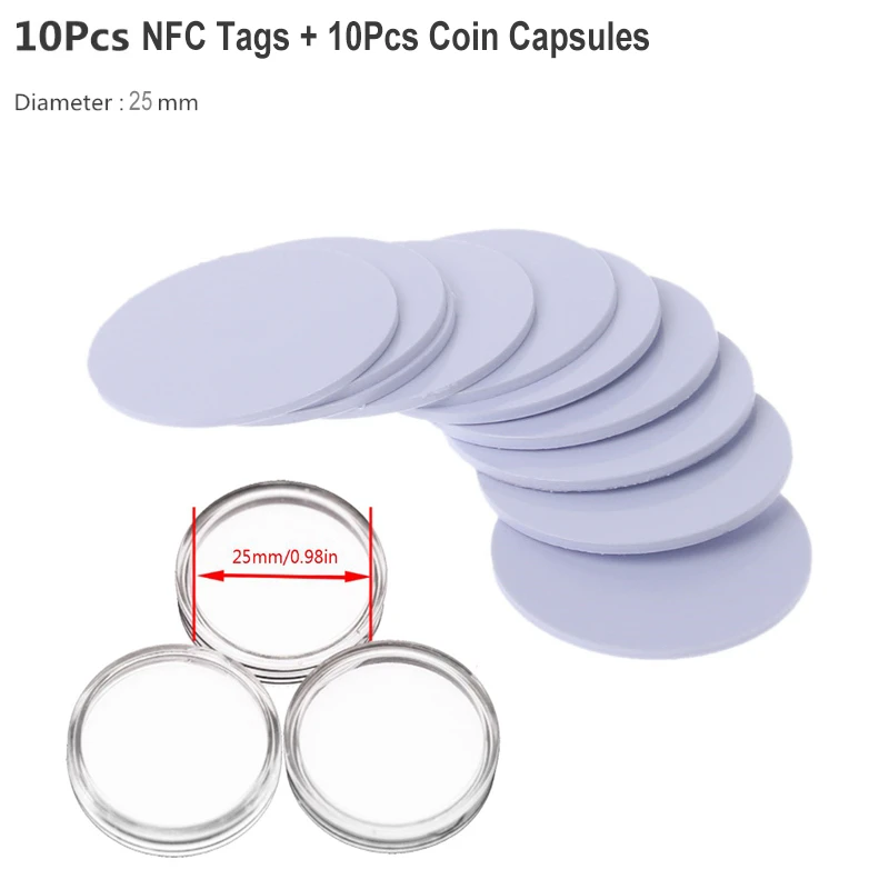 20PCS Ntag215 NFC Tags Phone Key 13.56MHz NTAG 215 Universal Labels RFID Tag 25mm Coin Holder with Capsules Box Storage Dropship