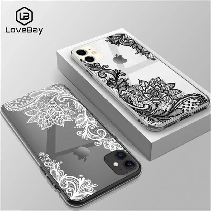 Lovebay Phone Case For iPhone 13 12 11 Pro Max 6s 7 8 Plus X XR XS Max 5 5s SE2020 Sexy Lace Mandala Flower Clear Soft TPU Cover