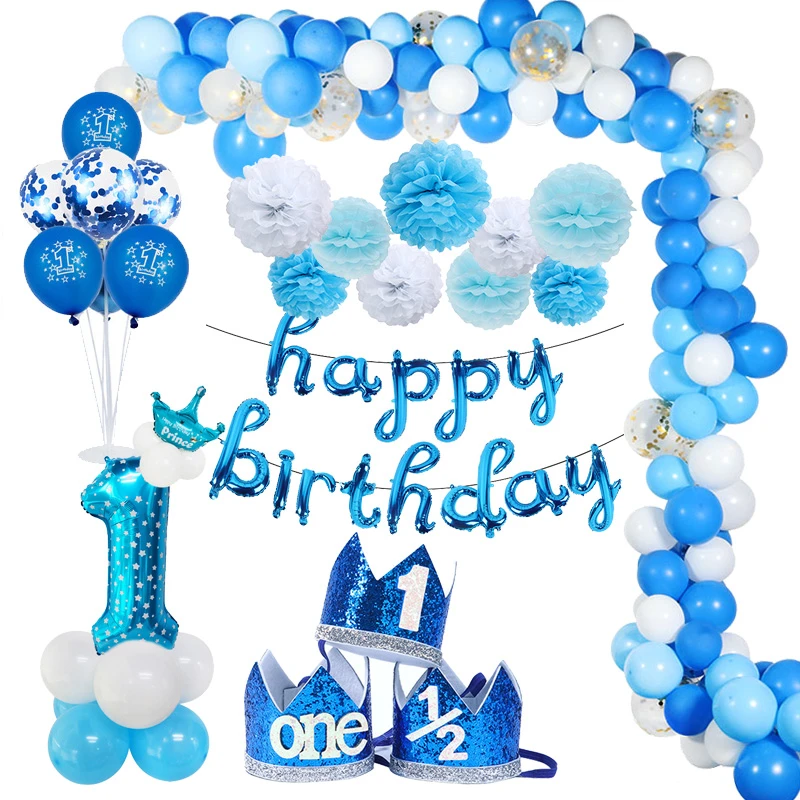 1 year Boy Birthday First Birthday Baby Shower Boy Decorations Blue Latex Balloons Confetti Set Birthday Party Decorations Kids