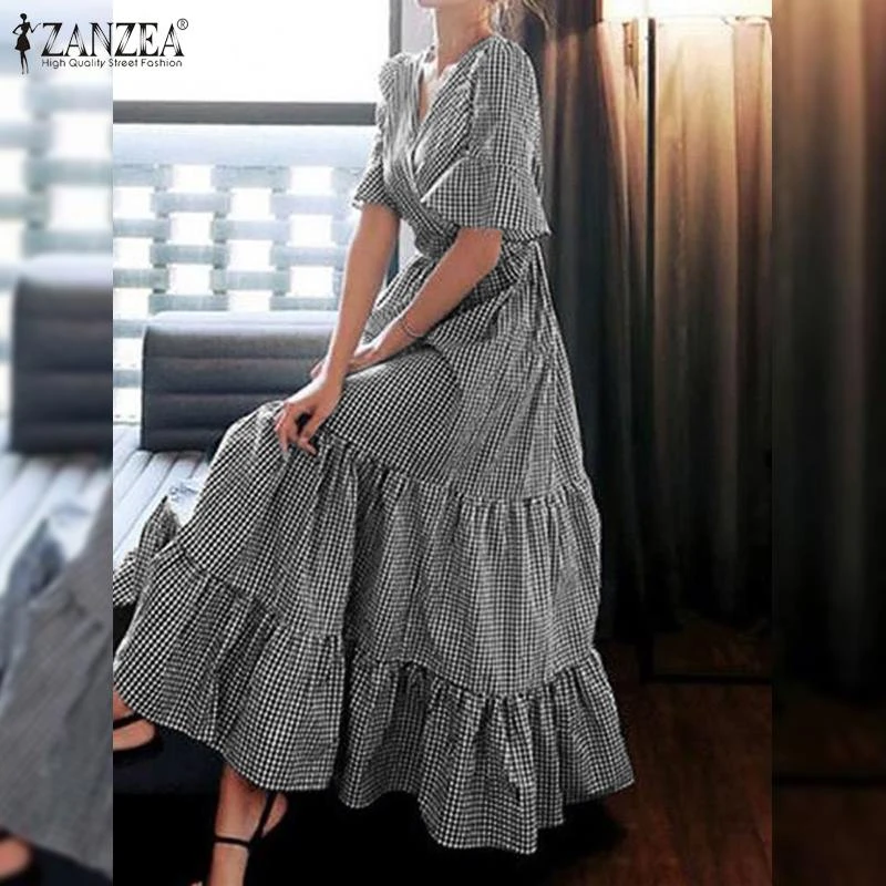 ZANZAE Vintage Women's Ruffle Dress 2021 Summer Short Sleeve Maxi Vestidos Casual Plaid Long Sundress Holiday Robe 7