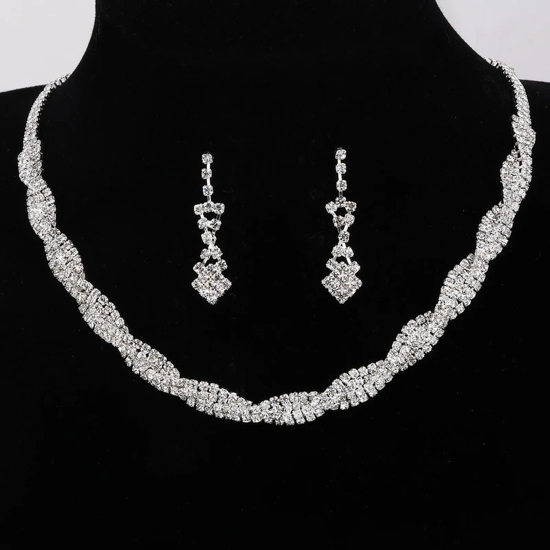 Celebrity Inspired Crystal Tennis Statement Necklace Set Earrings Silver Color Wedding Bridal Bridesmaid Jewelry Sets