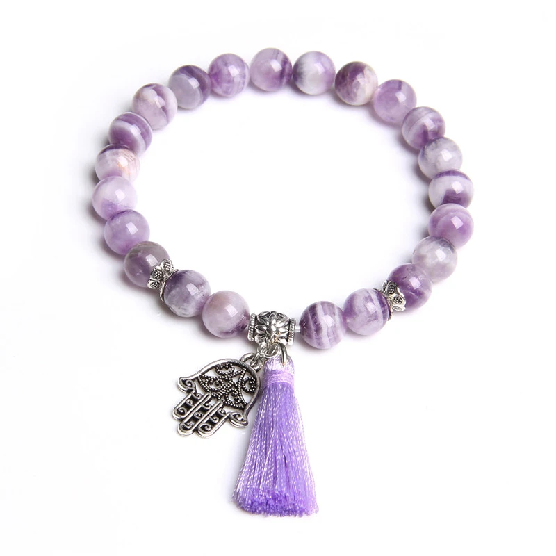 Natural purple dream Amethysts crystal stone beads bracelet jewelry gifts metal Fatima hand tassel charm bracelets women ladies