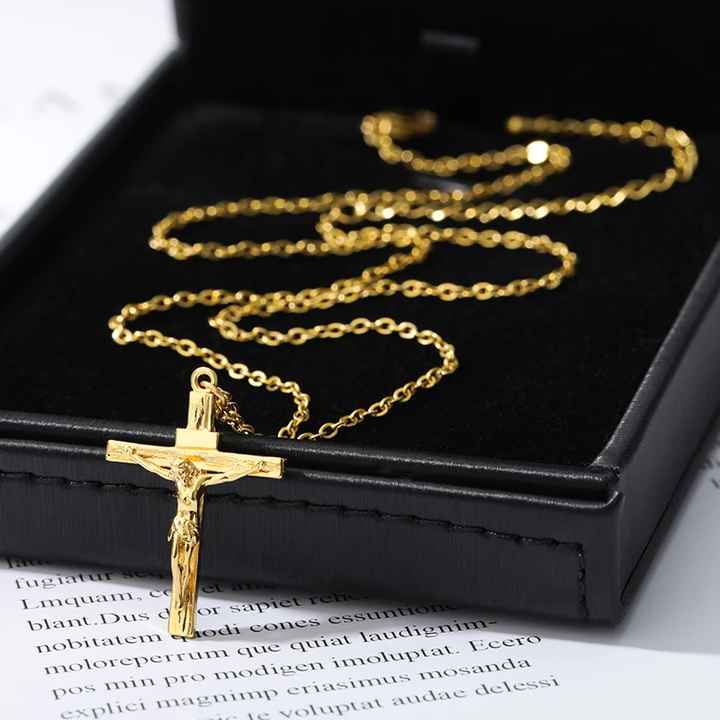 Stainless Steel Gold Cross Chain Necklace For Women Men Hip Hop Cool Accessory Fashion Jesus Christ Cross Pendant Necklaces Gift